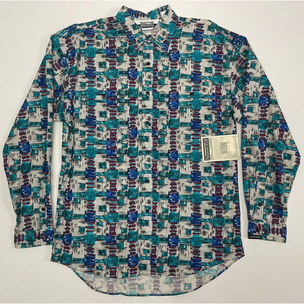 Vintage 80s Rocky Mountain Clothing Co Mens Shirt Western Button Up Aztec Size M